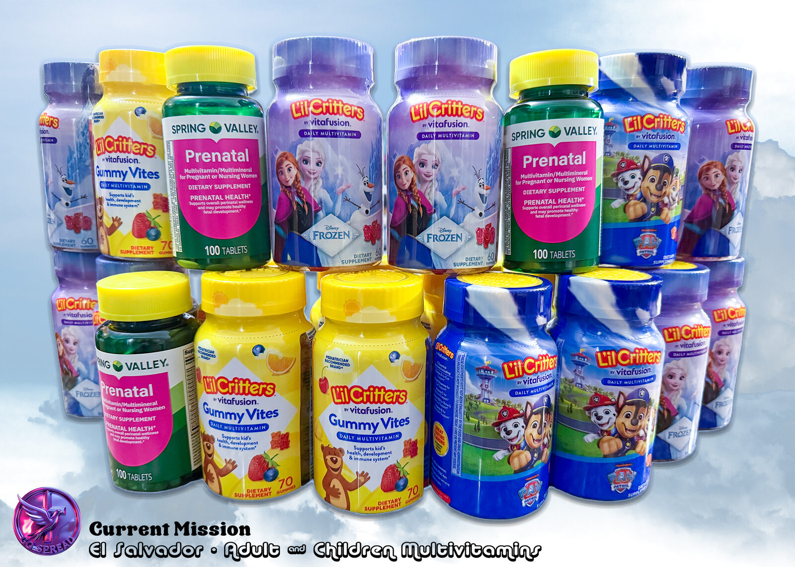 Adult and children multivitamins gathered for the Cross Keys Baptist mission trip to El Salvador, including L'il Critters gummy vites, Spring Valley prenatal, and Disney Frozen and Paw Patrol children's multivitamins